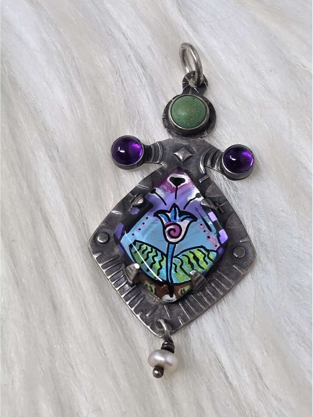 Millodot Sterling Amethyst Pearl Reverse Painted Pendant